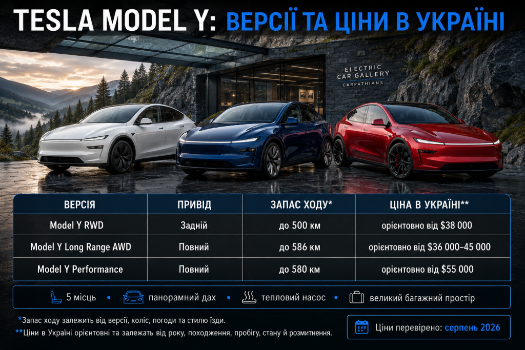 Інфографіка з порівнянням версій Tesla Model Y, типів приводу, запасу ходу та орієнтовних цін в Україні
