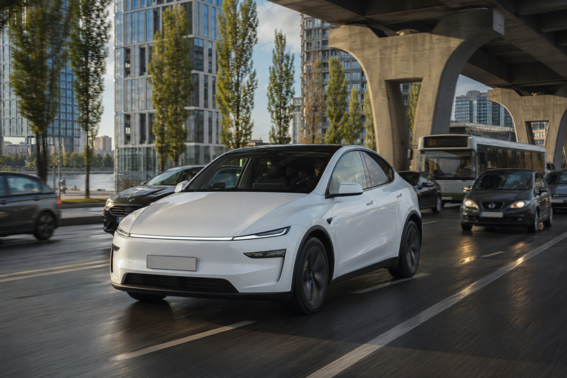 Білий електромобіль Tesla Model Y їде міською дорогою серед автомобільного трафіку