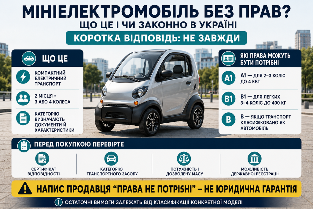 Інфографіка про мініелектромобіль, можливі категорії водійських прав та вимоги до реєстрації в Україні