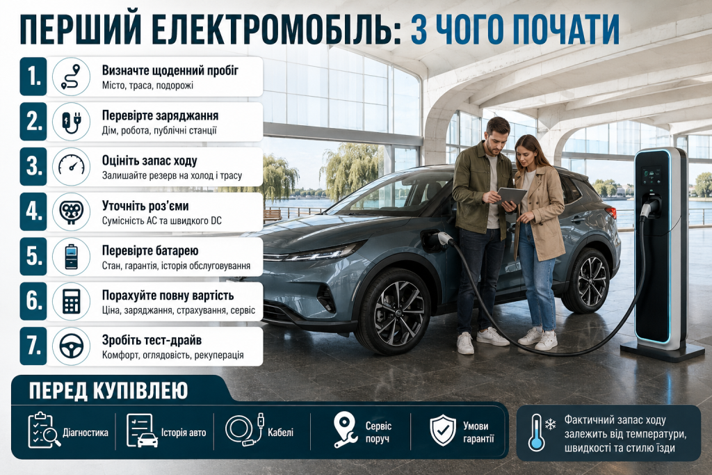 Інфографіка з основними критеріями вибору першого електромобіля: запас ходу, заряджання, батарея, вартість і тест-драйв