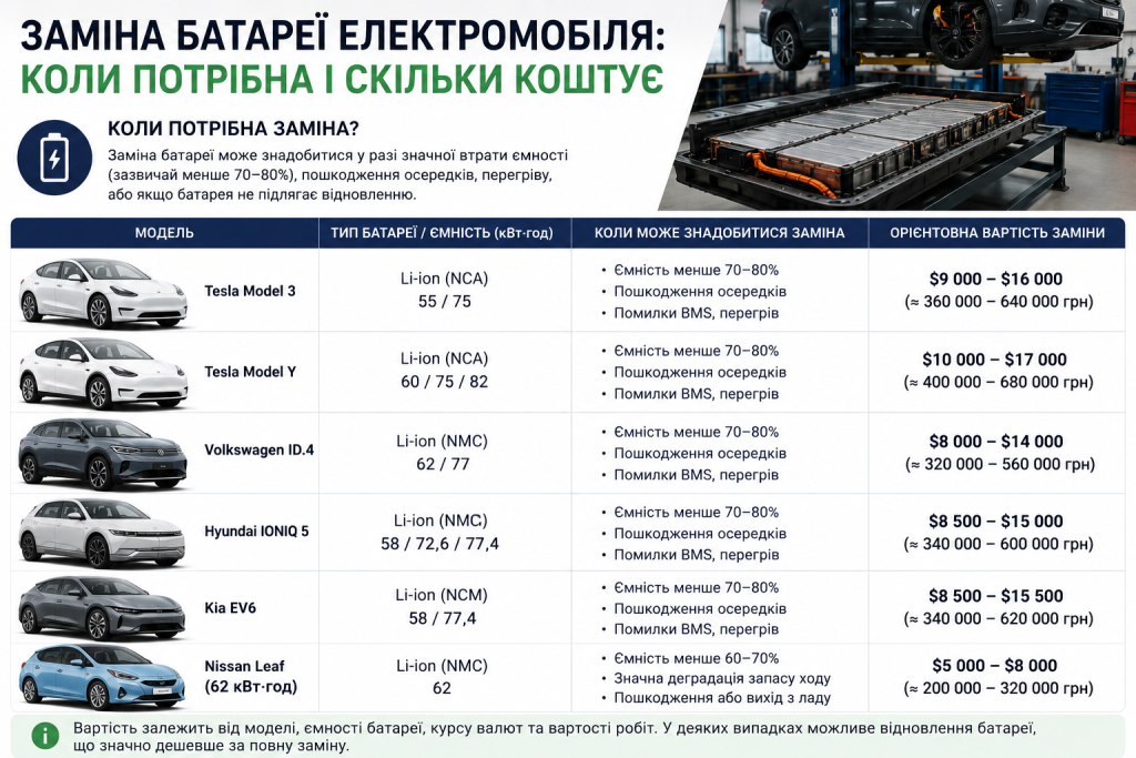 Інфографіка з прикладами вартості заміни тягових батарей популярних електромобілів та ознаками необхідності ремонту.