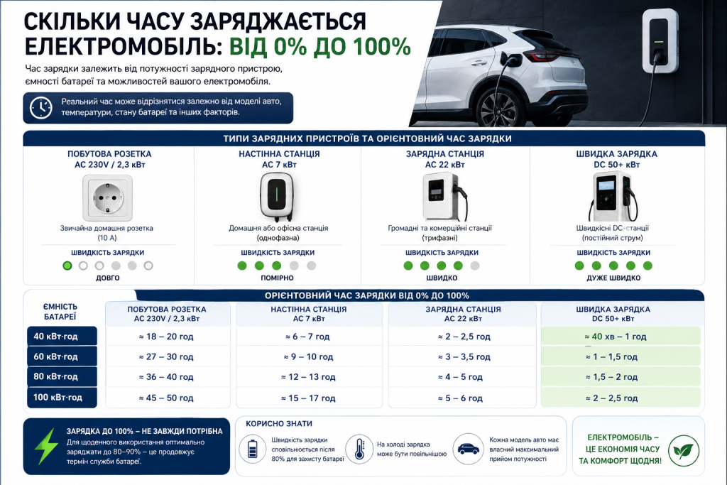 Інфографіка про час заряджання електромобіля від побутової розетки, настінної станції, AC та швидкої DC-зарядки.