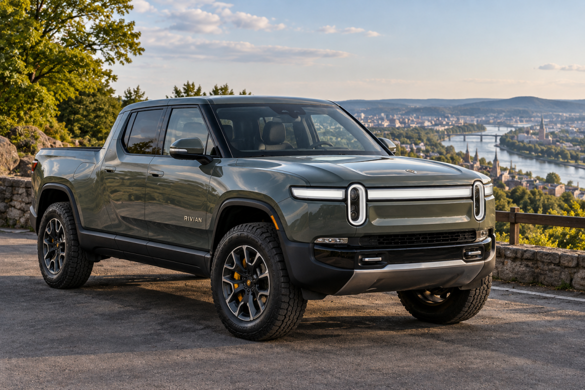 Електричний пікап Rivian R1T на дорозі з міським пейзажем на задньому плані.
