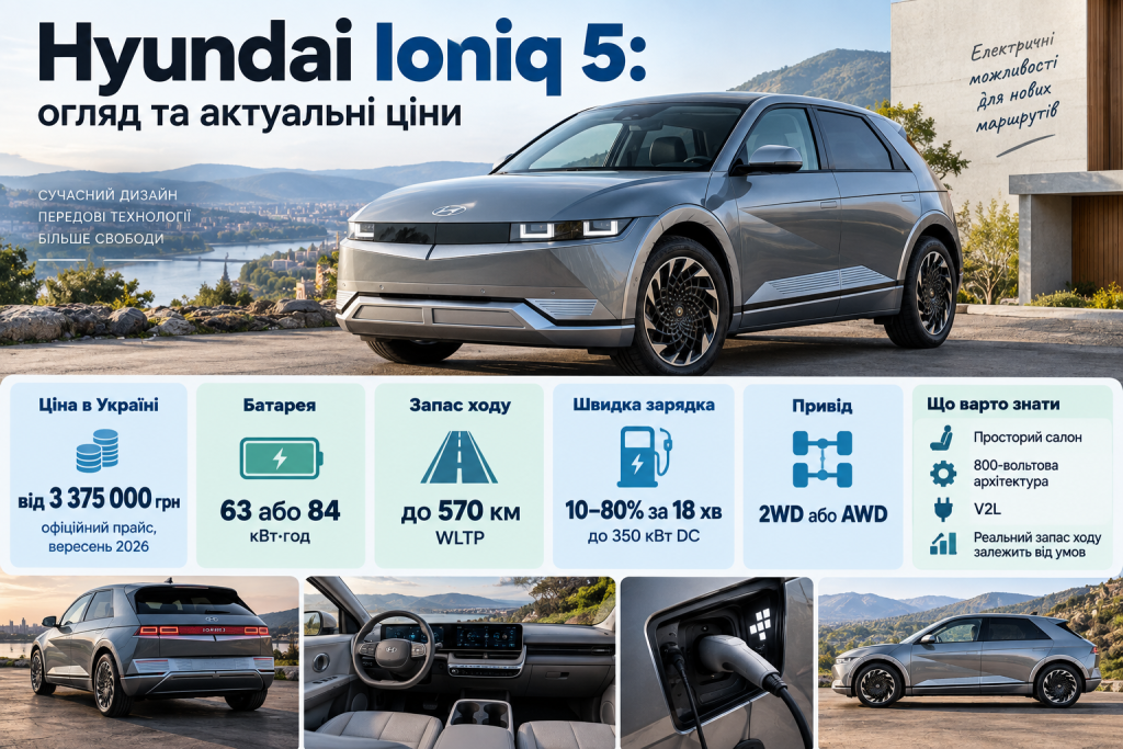 Інфографіка Hyundai Ioniq 5 з оглядом ціни в Україні, ємності батареї, запасу ходу, швидкості заряджання та особливостей електромобіля.