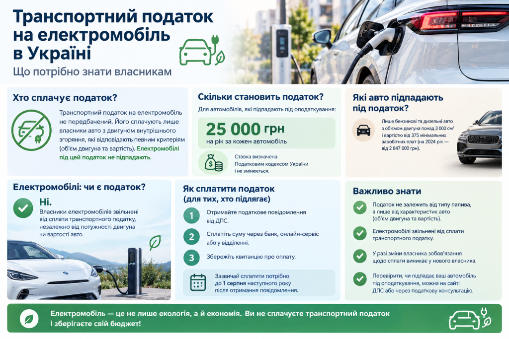 Інфографіка про транспортний податок на електромобілі в Україні, умови оподаткування та правила сплати