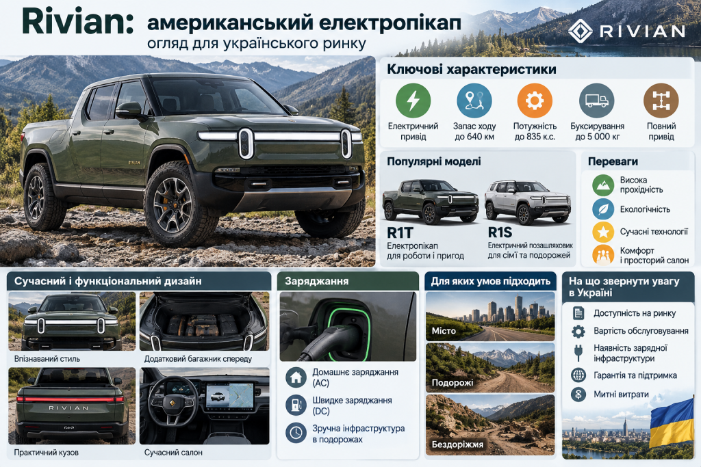 Інфографіка про електромобілі Rivian R1T і R1S, характеристики, заряджання та особливості для України.