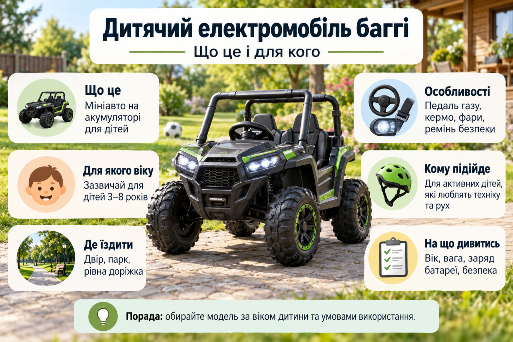Інфографіка про дитячий електромобіль баггі з характеристиками, віком дитини, правилами вибору та безпеки