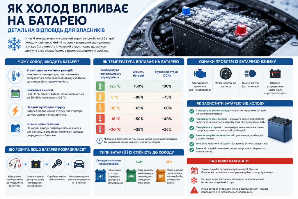 Інфографіка про вплив низької температури на автомобільний акумулятор, його ємність і пусковий струм